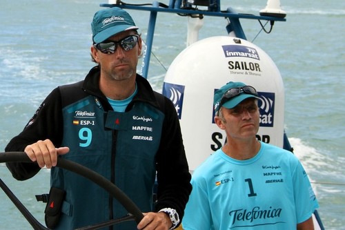 Jon Bilger (right) product testing aboard Volvo Ocean Race leader Telefonica, with skipper Iker Martinez, during the VOR Practice Day on the Waitemata. © Richard Gladwell www.photosport.co.nz